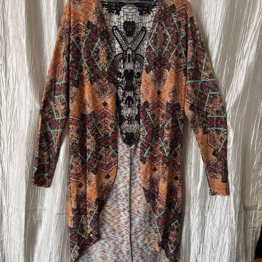 Maurices Orange and Black Cardigan with Intricate Pattern